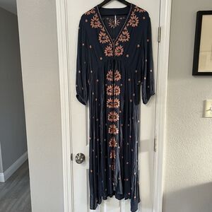 Free People Embroidered Fable Midi Dress Size XL Navy